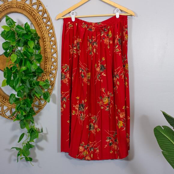 Leslie Fay Red Floral Pleated Midi Skirt Cottagecore Romantic Vtg | Dark Autumn - Picture 2 of 3